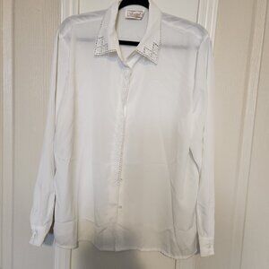 SEARS Tradition white blouse long sleeves, double fold pattern buttoned area, L